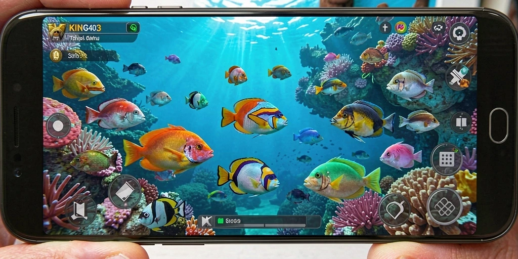 Tampilan gameplay KING403 dengan aksi tembak ikan yang seru.