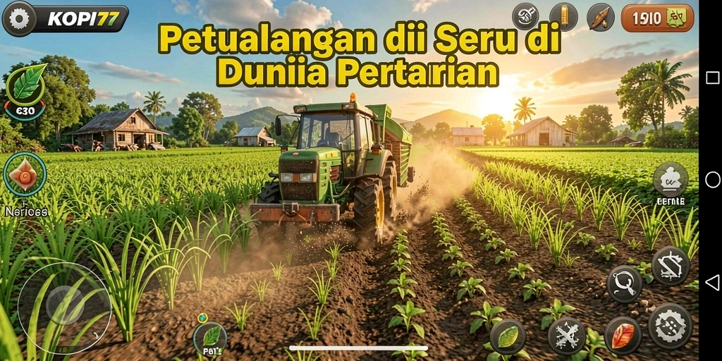 Screenshot gameplay KOPI77 menampilkan ladang yang subur dan hewan ternak.