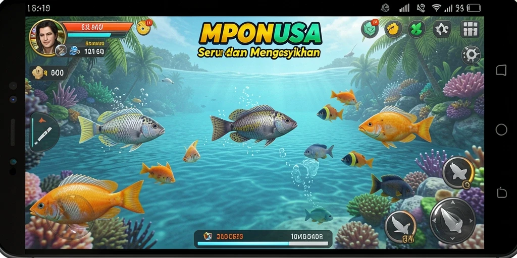 Tampilan gameplay seru dalam MPONUSA saat menangkap ikan.