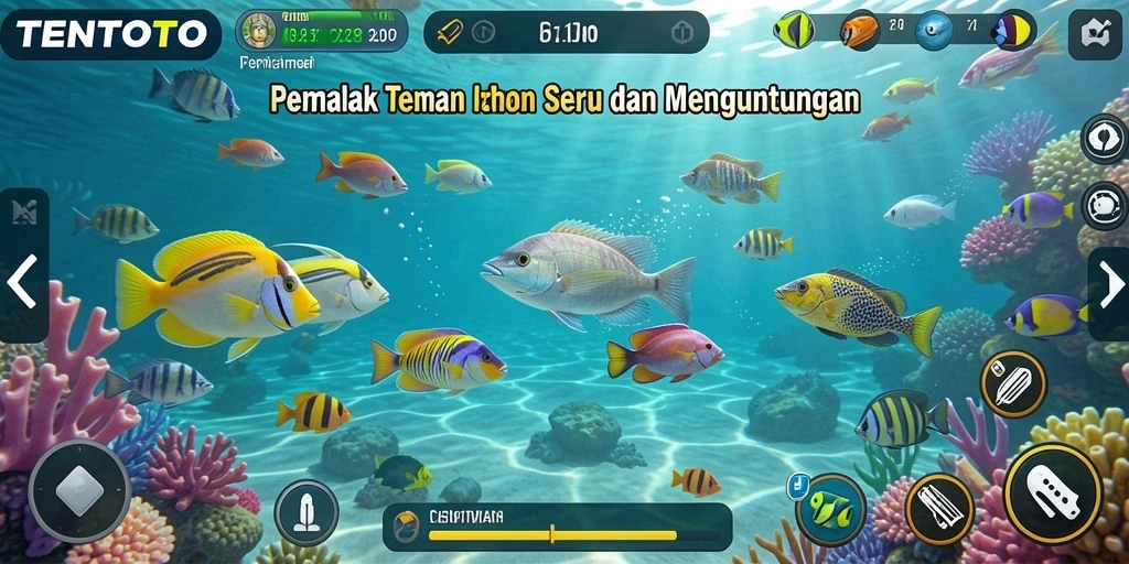 Screenshot menunjukkan aksi seru dalam TENTOTO saat menangkap ikan.