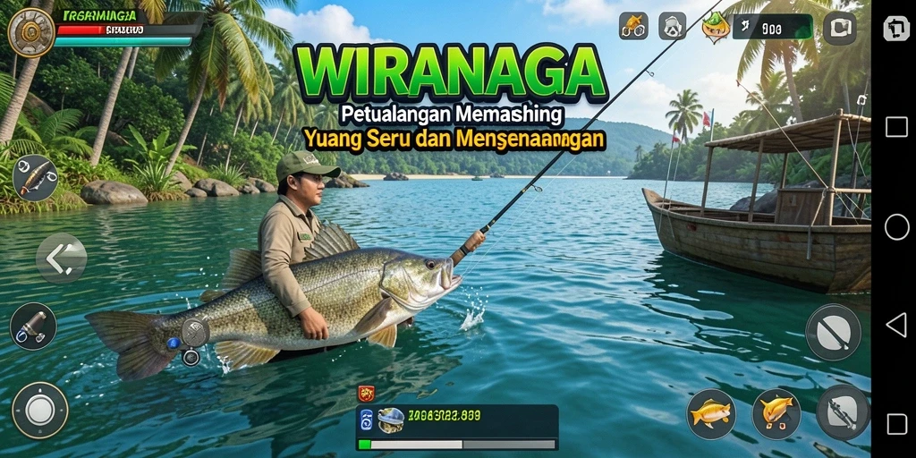 Tampilan gameplay WIRANAGA dengan aksi memancing yang seru.