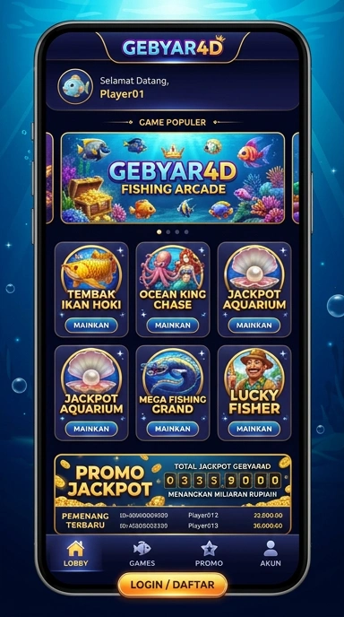 Tampilan utama aplikasi gebyar4d dengan berbagai kategori.